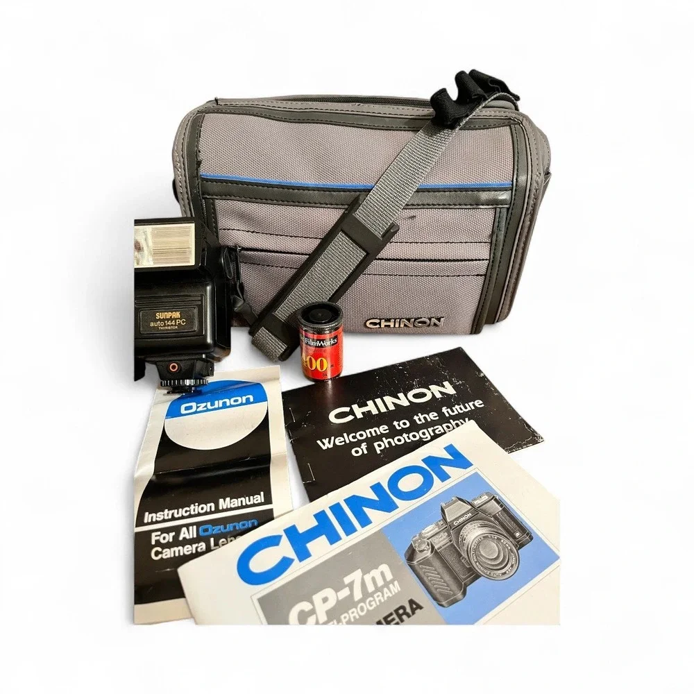 Chinon CP-7m Multi Program SLR Camera with Ozunon Lens, Flash,‎ Bag, Manual